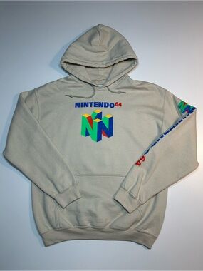 Official Nintendo 64 Retro Logo Graphic Sleeve Print Hoodie Tan Cream